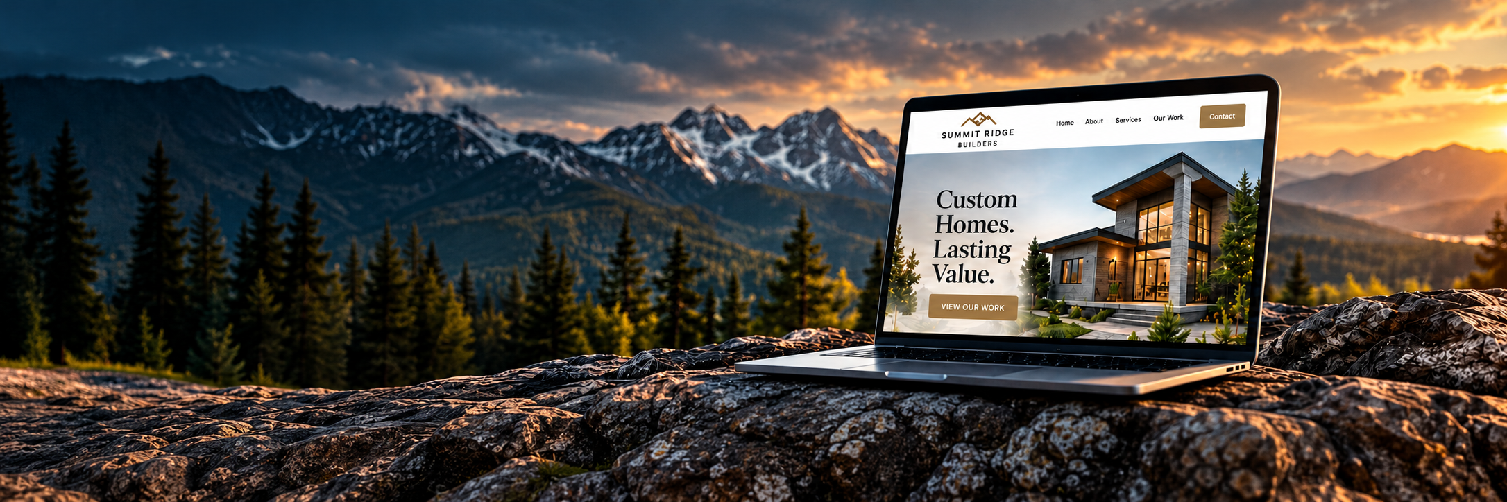 Laptop resting on a rock with mountains and a sunset behind it, displaying a Summit Ridge Builders website.