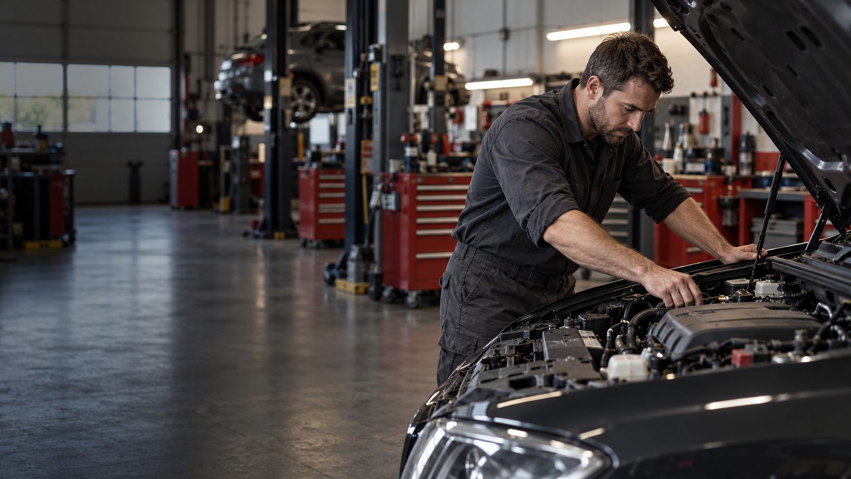 Mechanic working under the hood in an auto repair shop