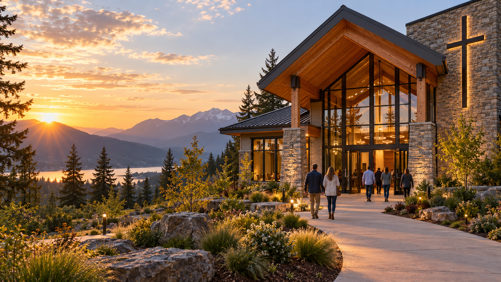 Welcoming timber and stone church at golden hour