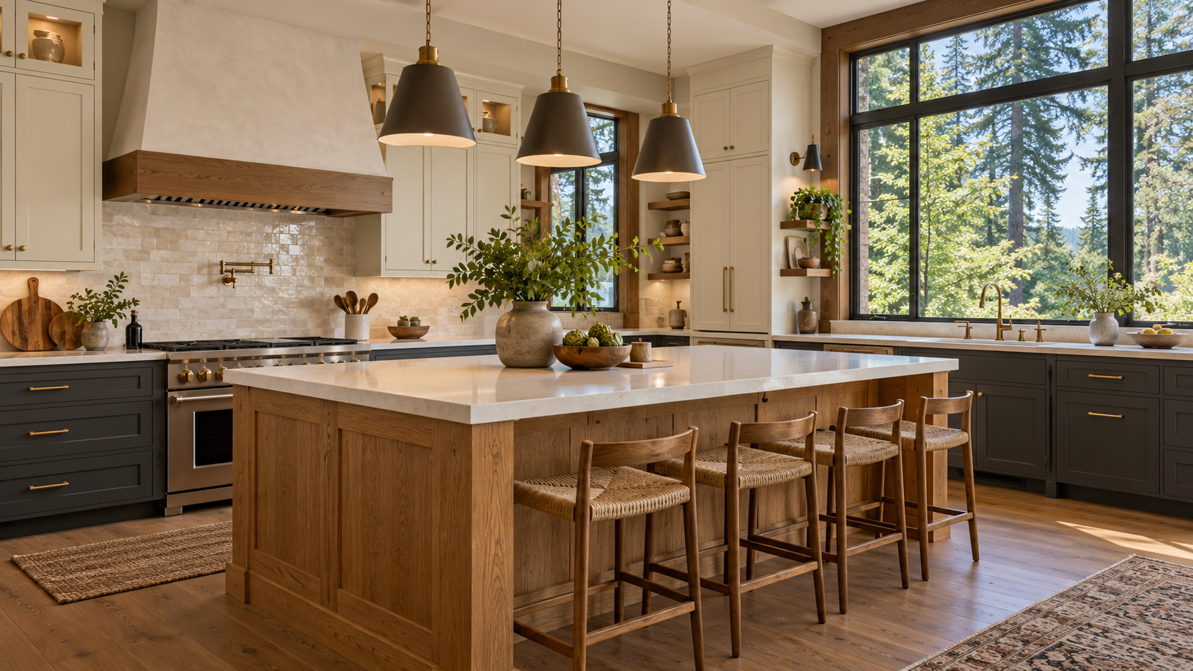 Warm oak and quartz kitchen interior concept