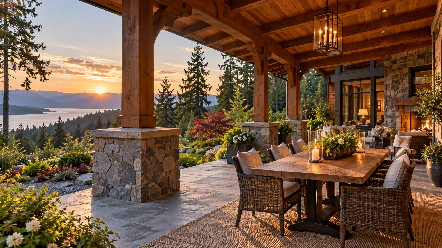 Covered cedar terrace and outdoor dining concept